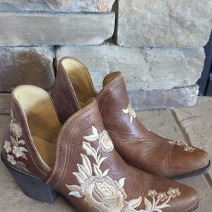 Floral Embroidered Brown Ankle Booties